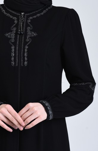 Besticktes Abaya mit Reissverschluss 3006-03 Schwarz 3006-03