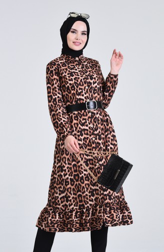 Leopard Patterned Long Tunic with Belt 0505-01 Black 0505-01