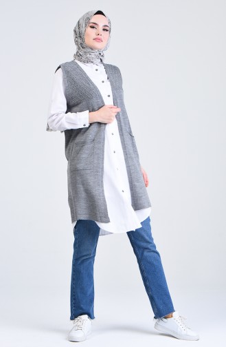 Gilet Sans Manches Tricot à Poche 4206-03 Gris 4206-03