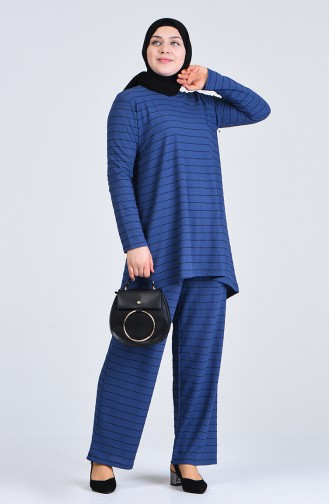 Plus Size Striped Tunic Trousers Double Suit 5925a-01 Indigo 5925A-01