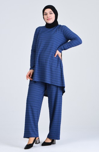 Plus Size Striped Tunic Trousers Double Suit 5925a-01 Indigo 5925A-01