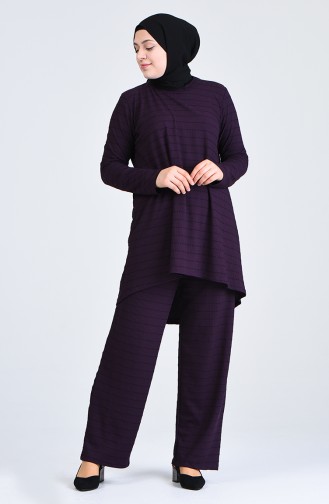 Plus Size Striped Tunic Trousers Double Suit 5925a-04 Purple 5925A-04