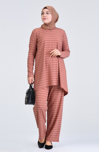 Plus Size Striped Tunic Trousers Double Suit 5925a-05 Powder 5925A-05