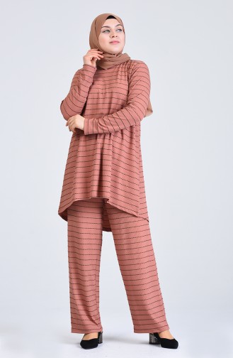 Plus Size Striped Tunic Trousers Double Suit 5925a-05 Powder 5925A-05