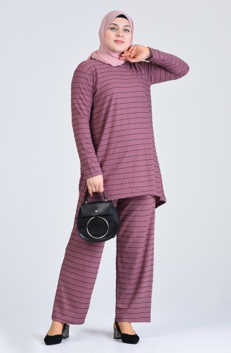 Plus Size Striped Tunic Trousers Double Suit 5925a-06 Dry Rose 5925A-06