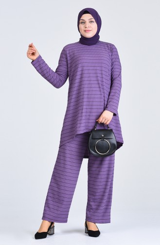 Plus Size Striped Tunic Trousers Double Suit 5925a-08 Lilac 5925A-08
