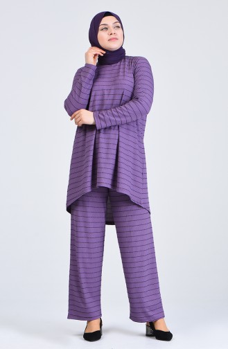 Plus Size Striped Tunic Trousers Double Suit 5925a-08 Lilac 5925A-08