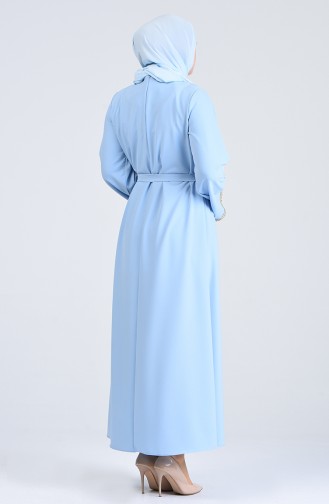 Büyük Beden Kolu Taşlı Kuşaklı Elbise 0887B-01 Bebe Mavi