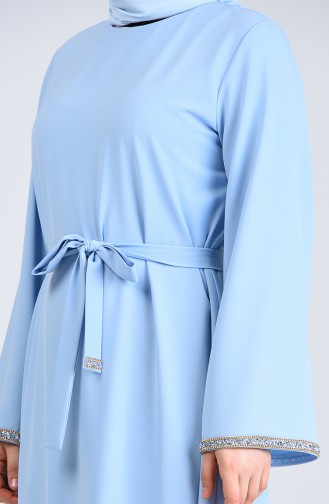 Büyük Beden Kolu Taşlı Kuşaklı Elbise 0887B-01 Bebe Mavi