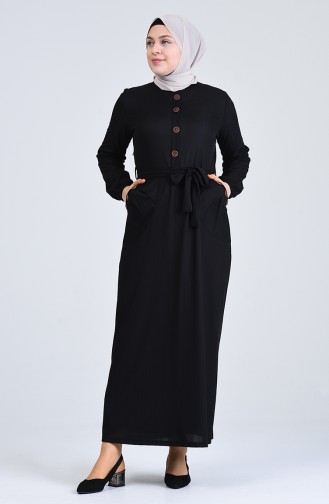 Büyük Beden Düğme Detaylı Elbise 6048-01 Siyah