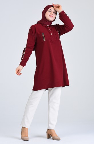 Büyük Beden Leopar Garnili Pullu Tunik 0223-04 Bordo