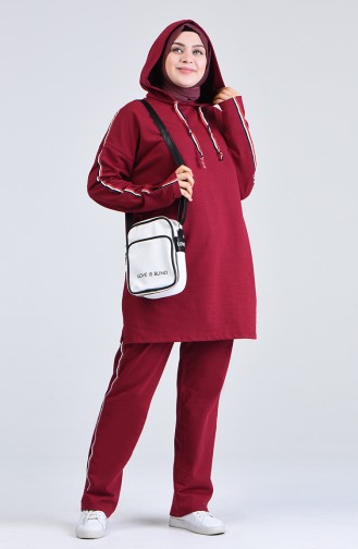 Plus Size Hooded Tracksuit Set 0843-04 Claret Red 0843-04