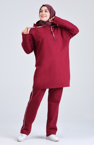 Plus Size Hooded Tracksuit Set 0843-04 Claret Red 0843-04
