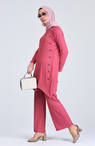 Button Detailed Tunic Pants Two-pieces Suit  0214-05 Rose 0214-05