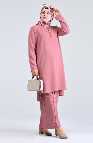 Plus Size Button-up Tunic Trousers Double Set 0888-07 Dry Rose 0888-07