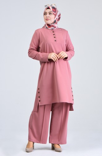 Plus Size Button-up Tunic Trousers Double Set 0888-07 Dry Rose 0888-07