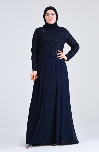 Robe de Soirée à Dentelle Grande Taille 1309-03 Bleu Marine 1309-03