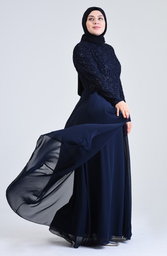 Robe de Soirée à Dentelle Grande Taille 1309-03 Bleu Marine 1309-03