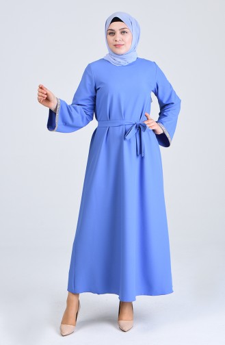 Büyük Beden Kolu Taşlı Kuşaklı Elbise 0887B-02 Mavi