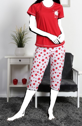 Bayan Kısa Kol Kapri Pijama Takımı 810072-B Kırmızı