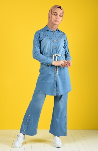 Perlen Jeans Tunika Hose Zweier Anzug 3008-01 Jeans Blau 3008-01