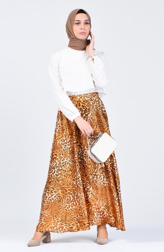 Leopard Patterned Flared Satin Skirt 2100-03 Apricot Color 2100-03