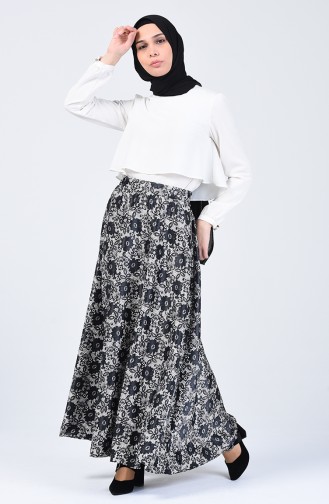 Patterned Flared Satin Skirt 2101-02 Black 2101-02