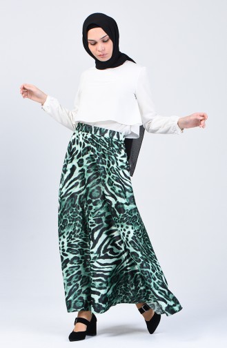 Leopard Patterned Flared Satin Skirt 2102-02 Emerald Green 2102-02