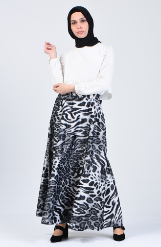 Leopard Patterned Flared Satin Skirt 2102-03 Grey 2102-03