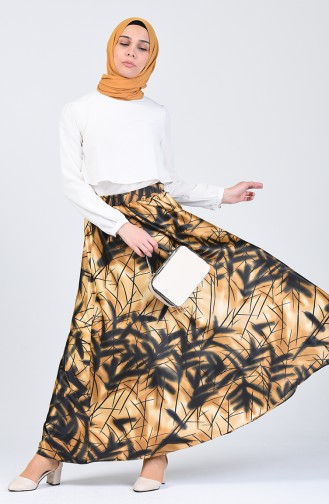 Patterned Flared Satin Skirt 2103-03 Mustard 2103-03