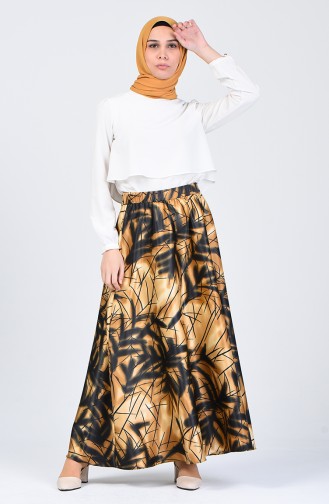 Patterned Flared Satin Skirt 2103-03 Mustard 2103-03