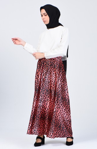 Leopard Patterned Flared Satin Skirt 2105-01 Red 2105-01