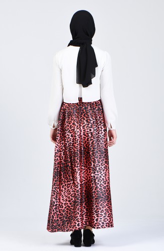 Leopard Patterned Flared Satin Skirt 2105-01 Red 2105-01