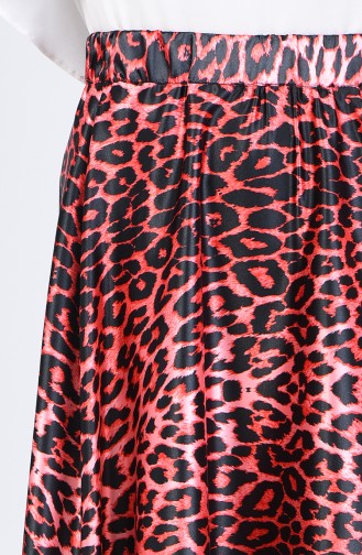 Leopard Patterned Flared Satin Skirt 2105-01 Red 2105-01