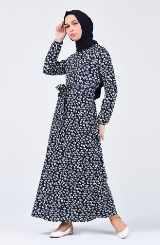 Robe à Motifs Avec Ceinture 1431-03 Bleu Marine 1431-03