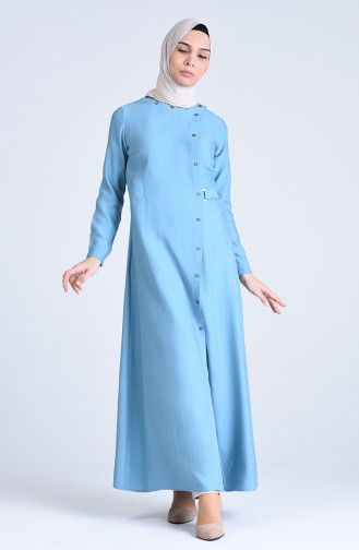 Side Fastening Linen Abaya 6852-03 Petrol 6852-03