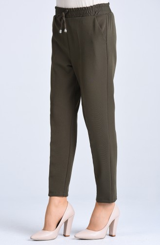 Straight Leg Pants with Elastic waist 4088-03 Khaki Green 4088-03