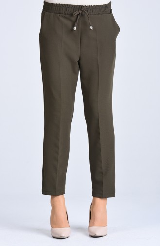 Straight Leg Pants with Elastic waist 4088-03 Khaki Green 4088-03