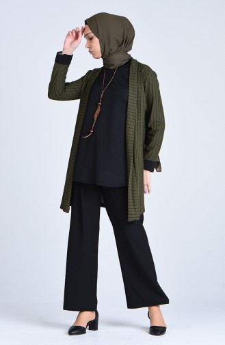Kolyeli Bluz Ceket İkili Takım 1424-03 Siyah Haki Yeşil