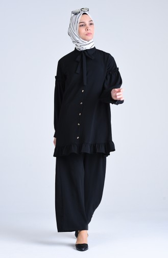 Aerobin Fabric, Belted Tunic and Pants Two-pieces Suit 1075-05 Black 1075-05