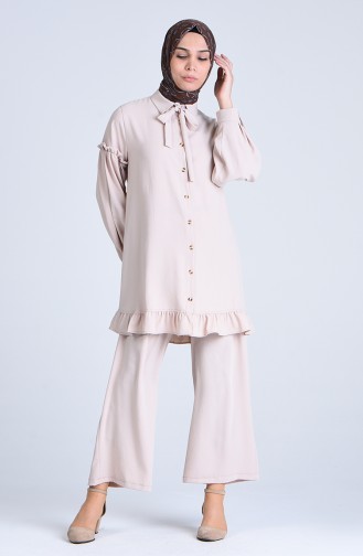 Aerobin Fabric, Belted Tunic and Pants Two-pieces Suit 1075-07 Beige 1075-07