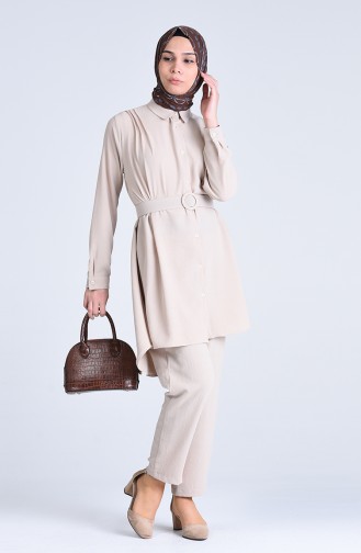 Aerobin Fabric, Belted Tunic and Pants Two-pieces Suit 1078-01 Beige 1078-01