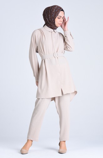 Aerobin Fabric, Belted Tunic and Pants Two-pieces Suit 1078-01 Beige 1078-01