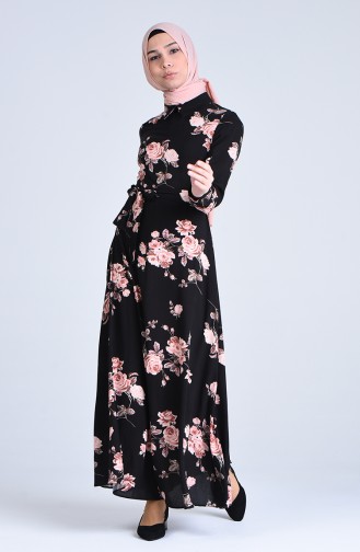Patterned Belted Dress 3037-01 Black 3037-01