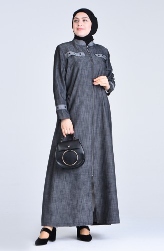 Plus Size Bird s Eye Detail Denim Abaya 1298-02 Black 1298-02