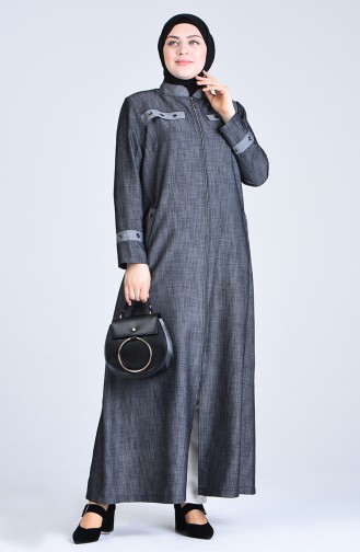 Plus Size Bird s Eye Detail Denim Abaya 1298-02 Black 1298-02