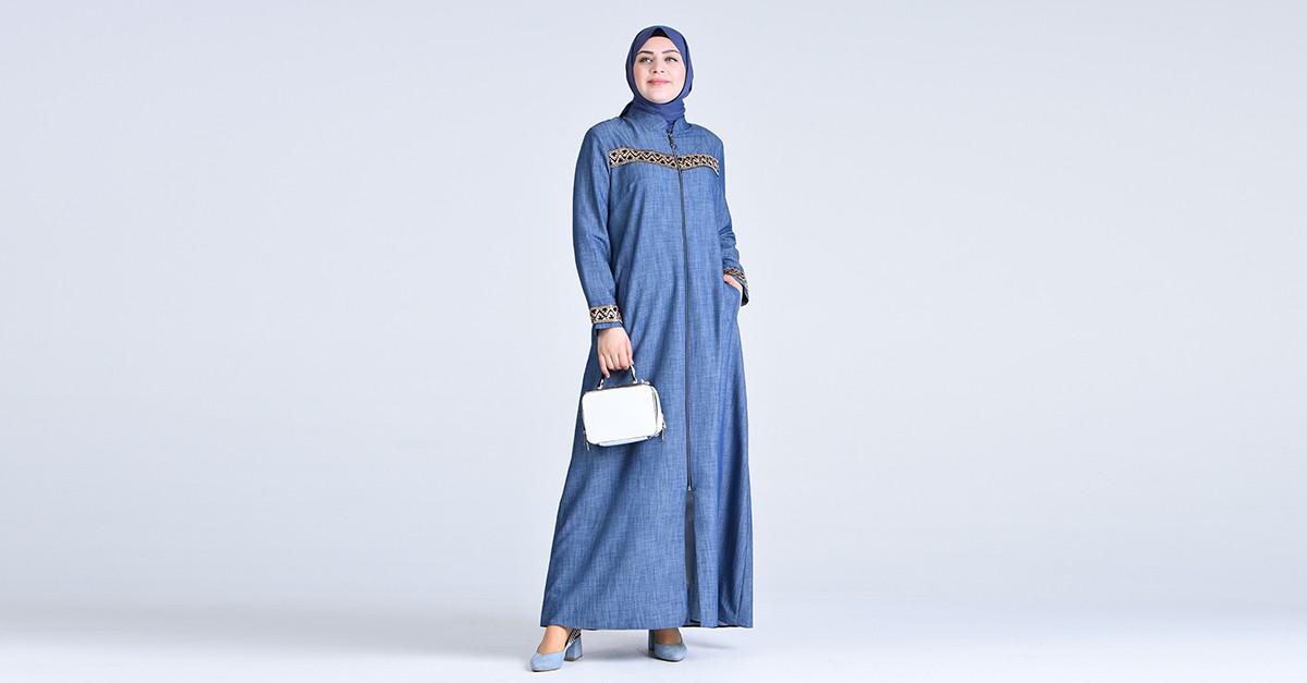 Plus Size Embroidered Denim Abaya 1317 01 Navy Blue 1317 01