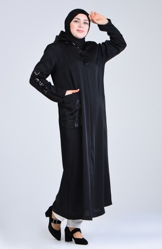 Grösse Grosse Pailletten Hijab Mantel 0407-05 Schwarz 0407-05