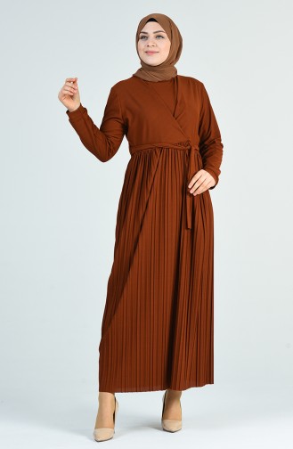 Büyük Beden Piliseli Kuşaklı Elbise 8055-01 Kiremit
