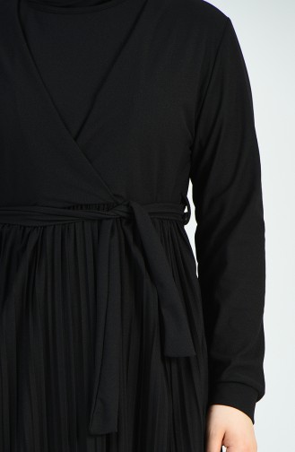 Büyük Beden Piliseli Kuşaklı Elbise 8055-02 Siyah